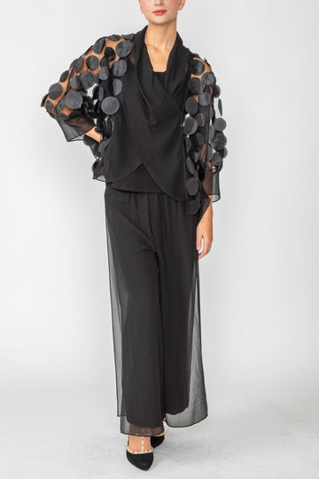Black Cross-Over Shawl Collar Ruffle Cuff Top